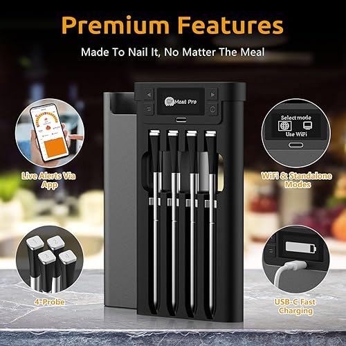 Miniatura 2 de Termómetro digital inalámbrico para carne, termómetro Bluetooth de largo alcance para barbacoa con 4 sondas, sensores duales para asar y fumar