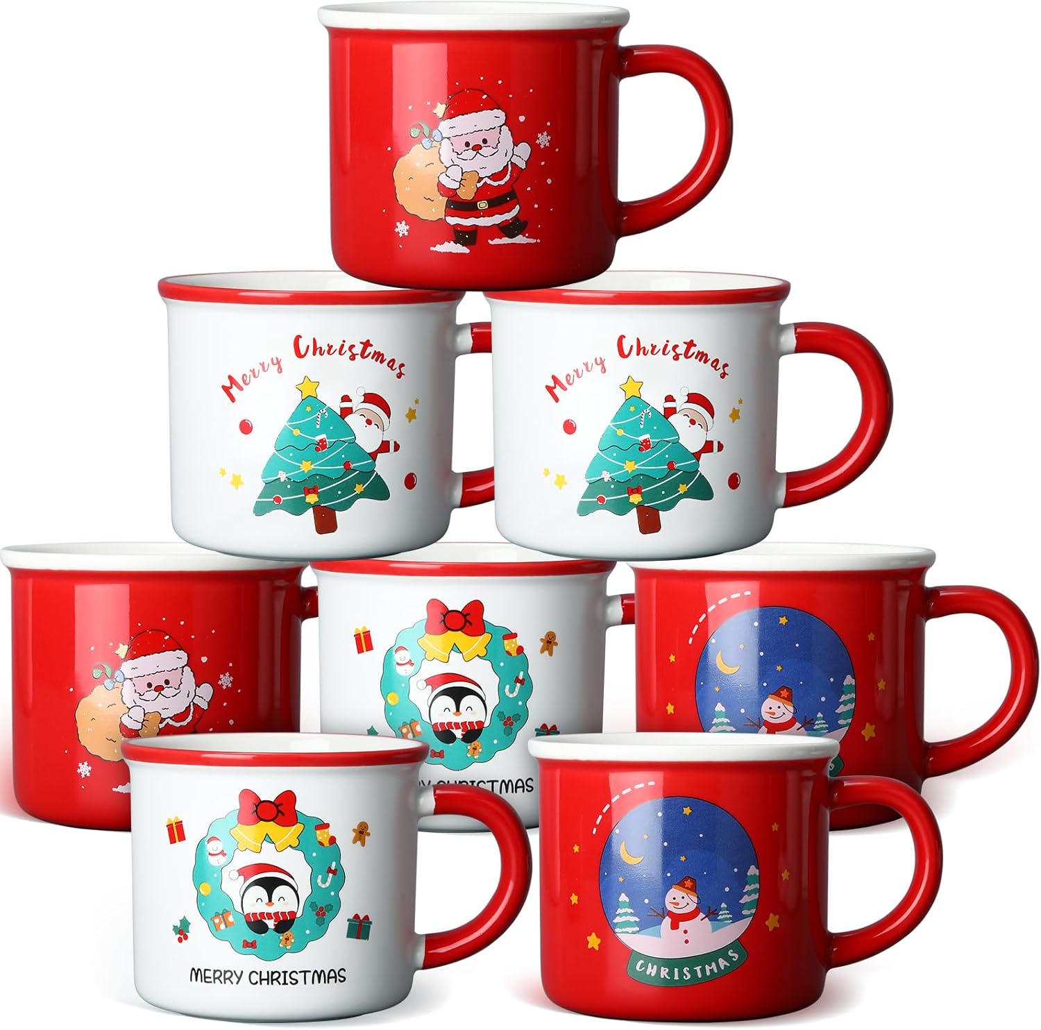 Hushee 8-Piece Christmas Mug Set - 12oz Ceramic Novelty Coffee Mugs, Xmas Drinking Mugs for Milk Tea, Coffee, Gift for Women, Men, Friends, Family