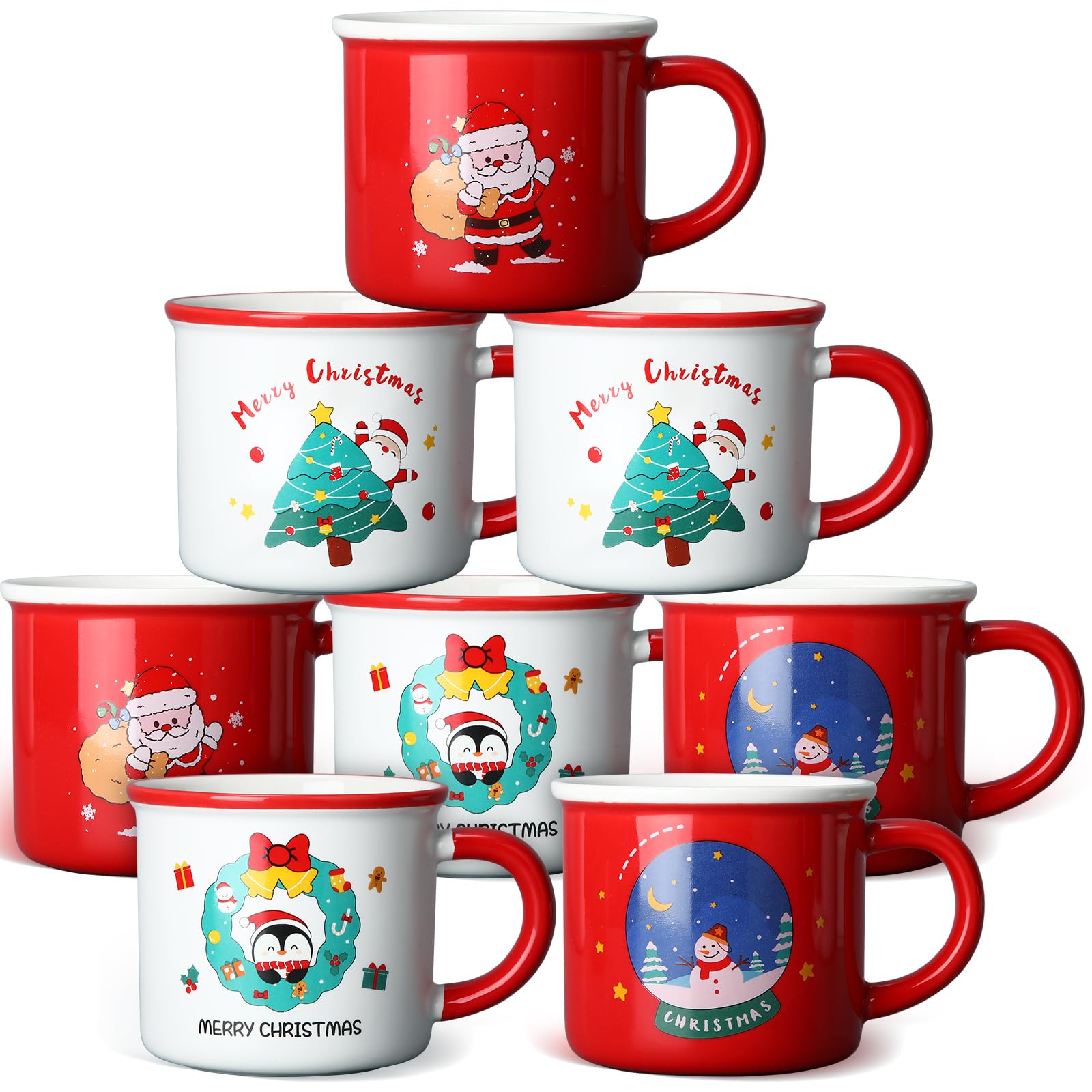 Hushee Juego de 8 tazas de Navidad de 12 onzas, tazas de café de cerámica, tazas de café de Navidad, tazas de té de leche, taza de café, regalo de Navidad para mujeres, hombres, amigos, familia