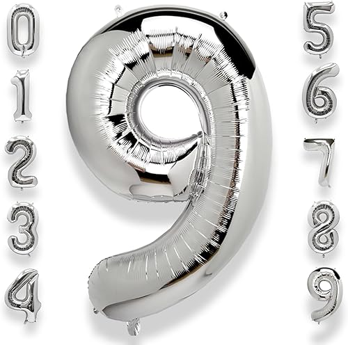 AULE Globos grandes plateados de 40 pulgadas con el número 9, globos de helio de aluminio grandes del 0 al 9, decoraciones gigantes de fiesta de