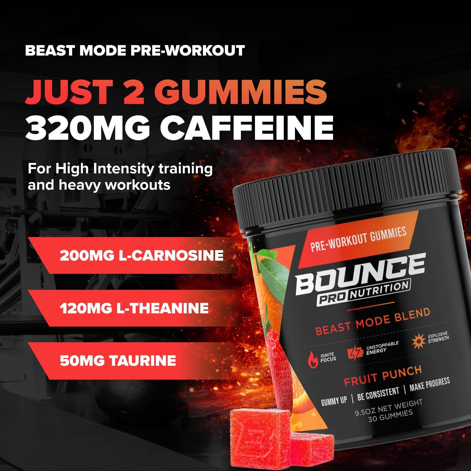 Bounce Pro Beast Mode Pre Workout Gummies with Caffeine, Beta-Alanine & L-Tyrosine for Energy, Focus & Training Intensity (30 Count (Pack of 1), Fruit Punch) - Image 3