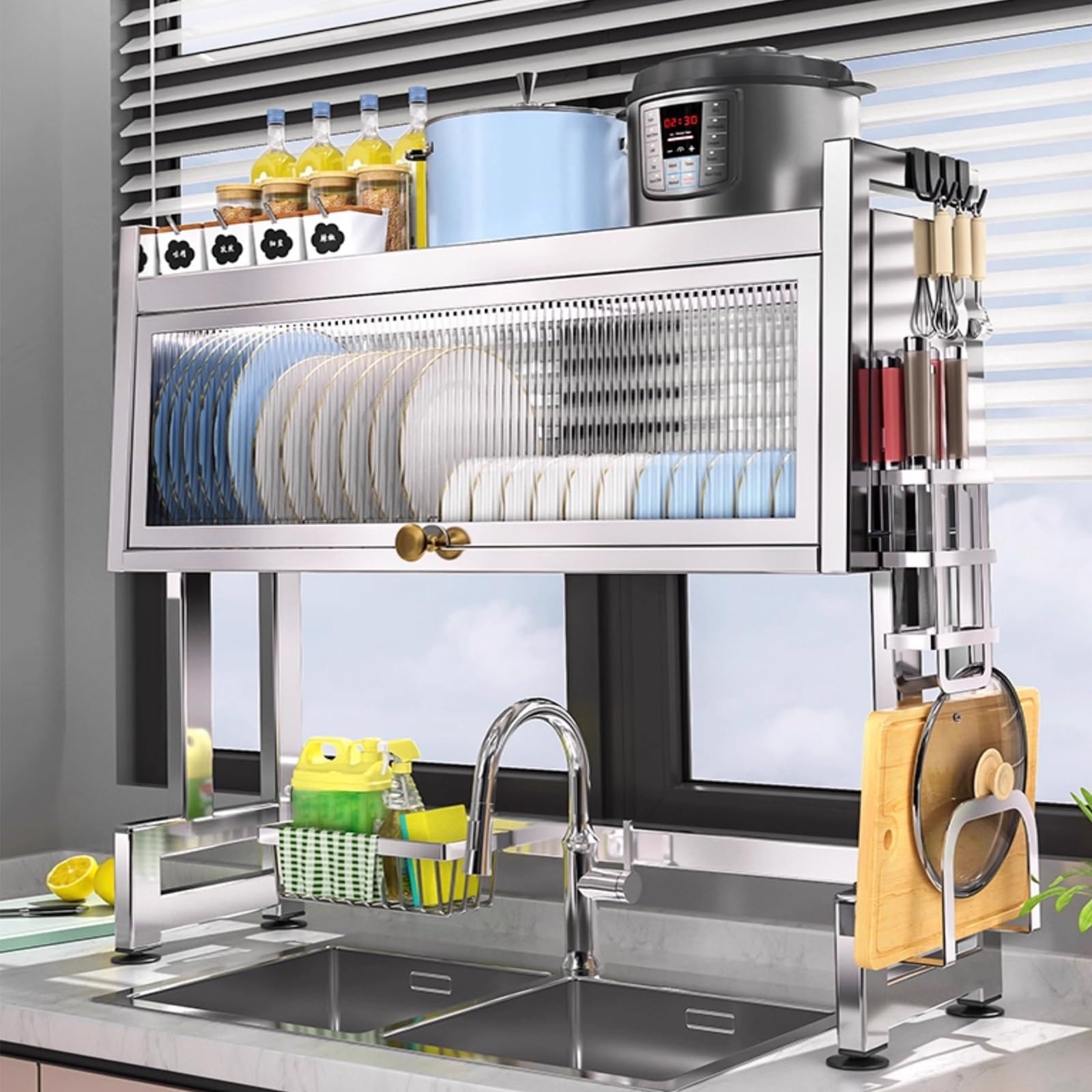 Scolapiatti da lavello appoggio, scola piatti da appoggio sopra lavandino, organizer lavello cucina, portaposate scolaposate, per Posate e Organizzatore E Conservazione.(95 * 27.5 * 79.5cm)