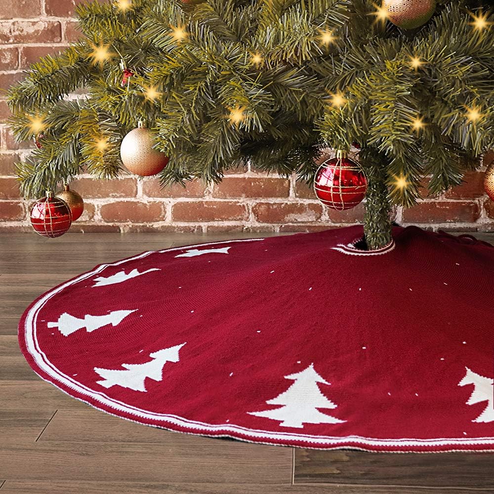 LimBridge Christmas Tree Skirt, 48 inches Tree Pattern Knitted Thick Heavy Yarn Rustic Xmas Holiday Decoration, Cream Burgundy