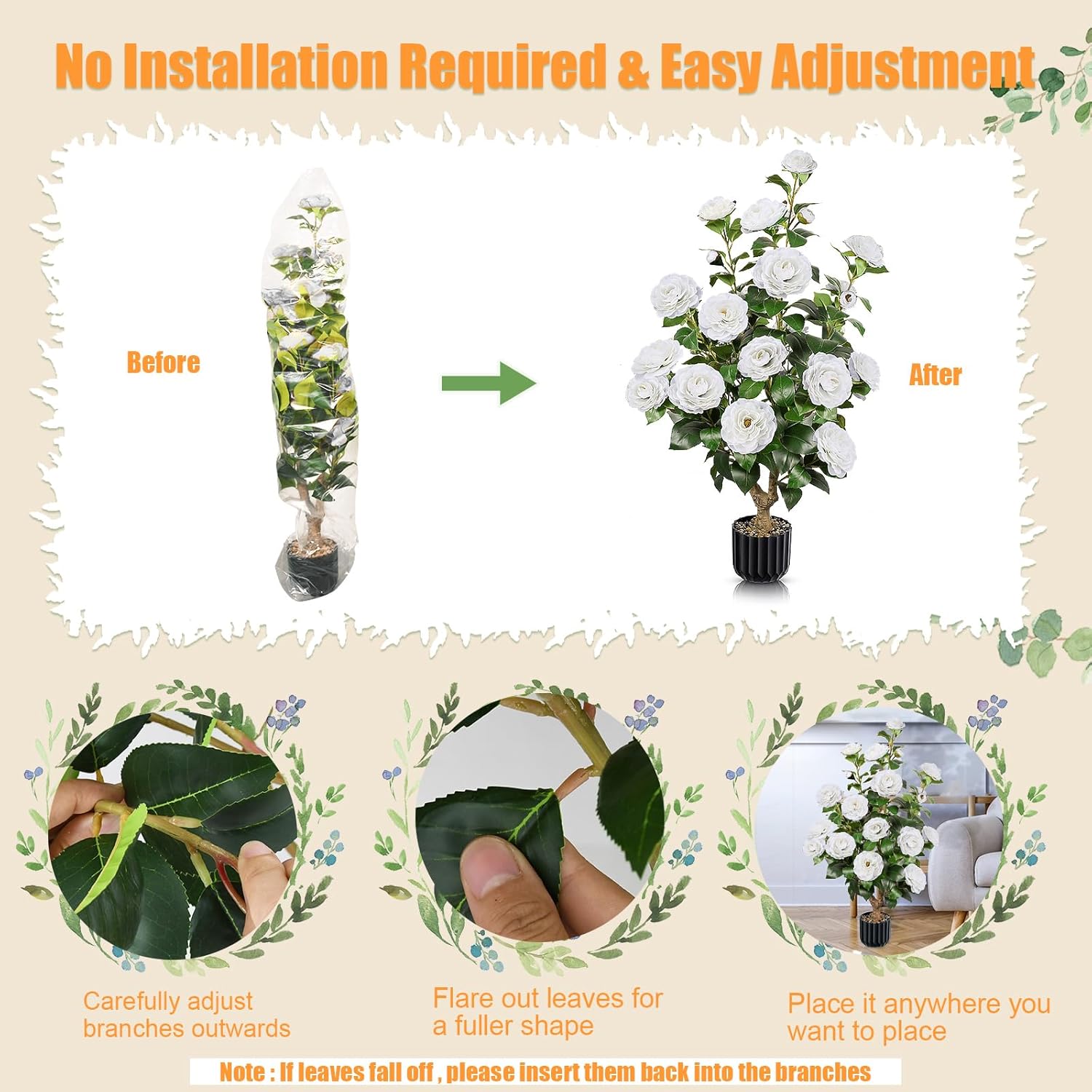 2 PCS Artificial Camellia Trees in Pot White Fake Flowers Trees Outdoor Faux Potted Tree with 24 Blooming Camellia Topiary Greenery Plant for Porch Front Door Indoor