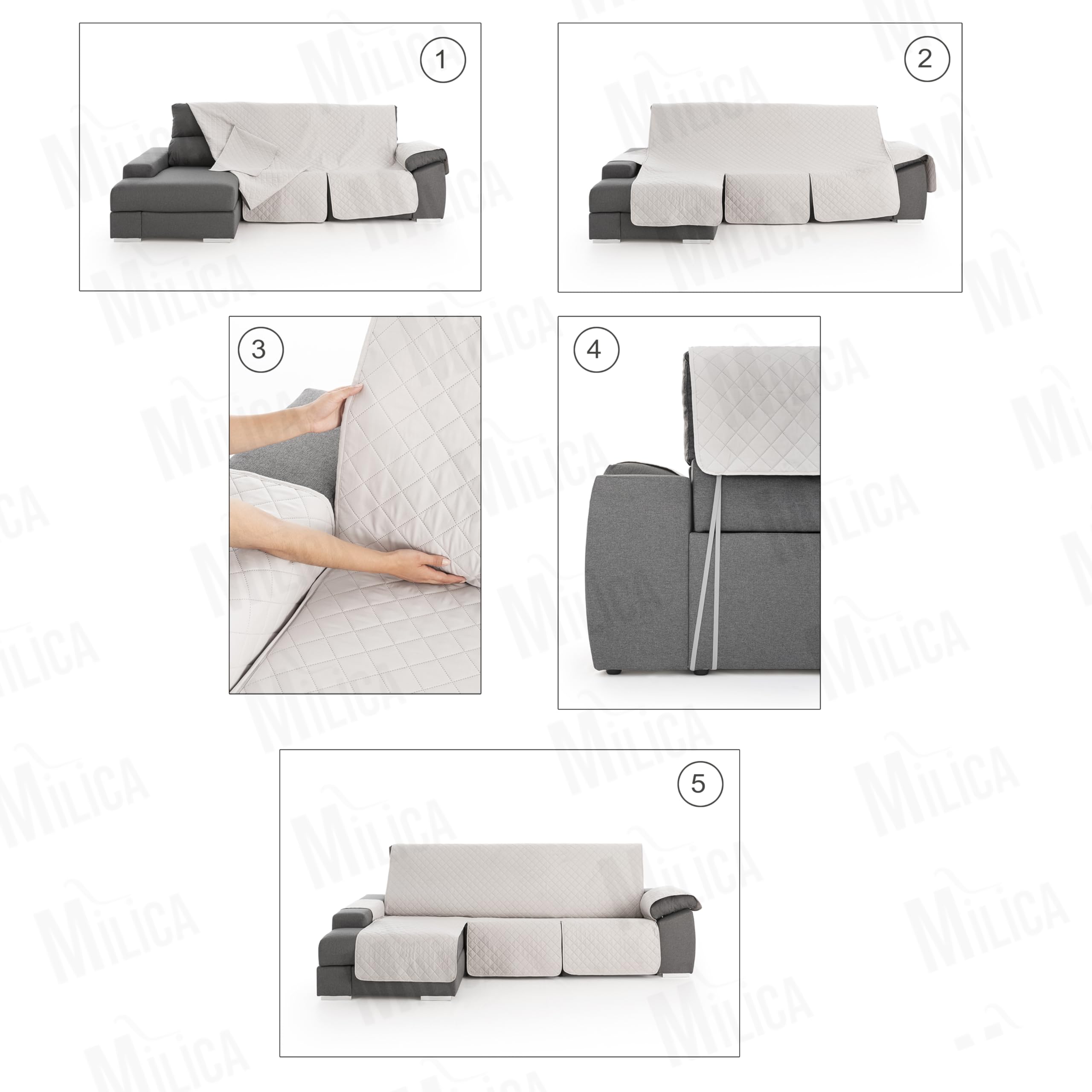 Milica Funda para Sofá Chaise Longue Relax Acolchada | Válida para Brazo Derecho o Izquierdo | Ajuste Asientos Reclinables | Lavable | Hecho en España | Tamaño 240 cm | Color Gris