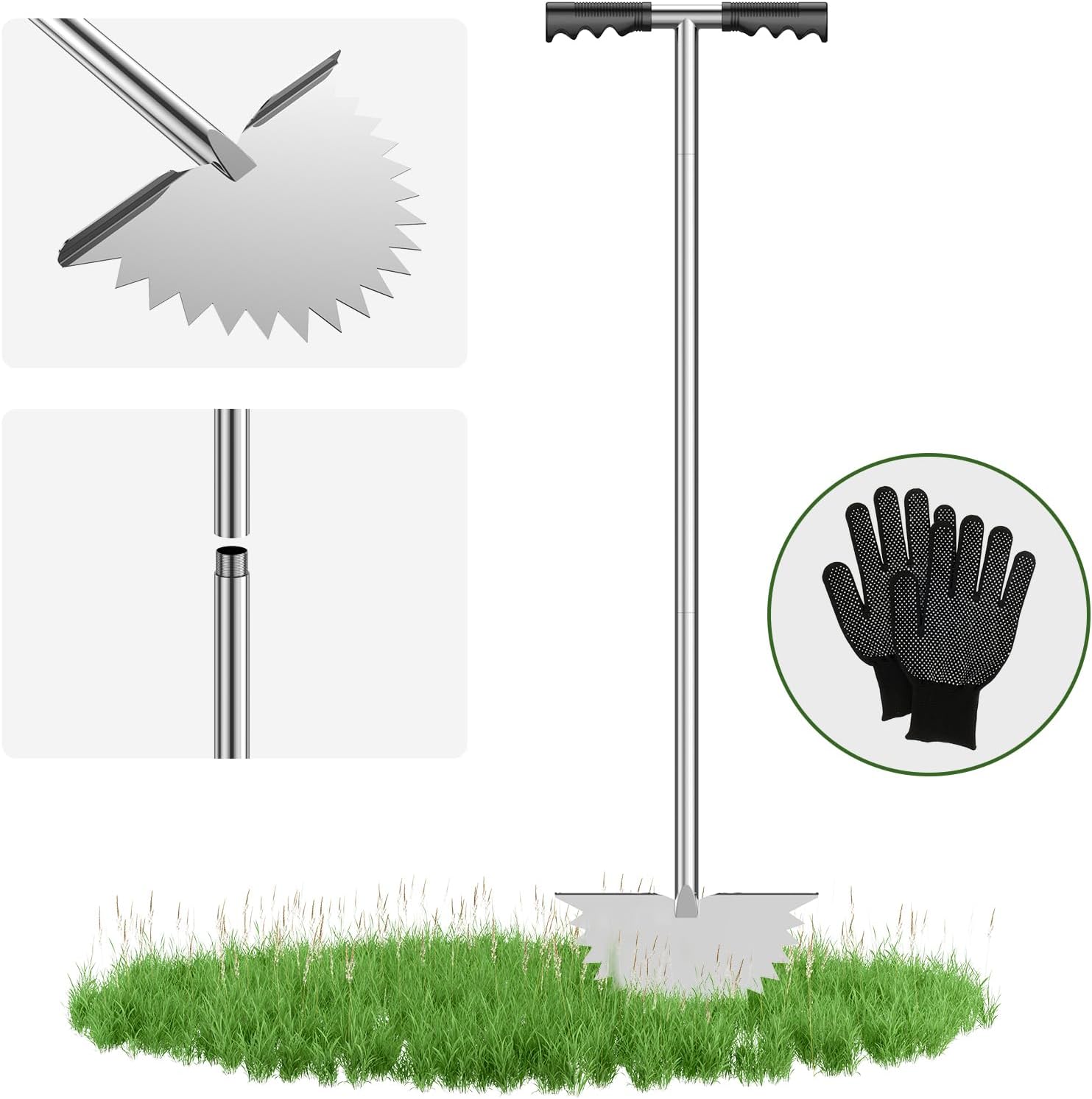 Lawn Edger Manual Half Moon Edging Shovel 37inch Long Handle Garden Lawn Edger Tool Stainless Steel Lawn Edge Cutter with Serrated Blades Gloves for Garden Beds Sidewalk Flower Bed Groove