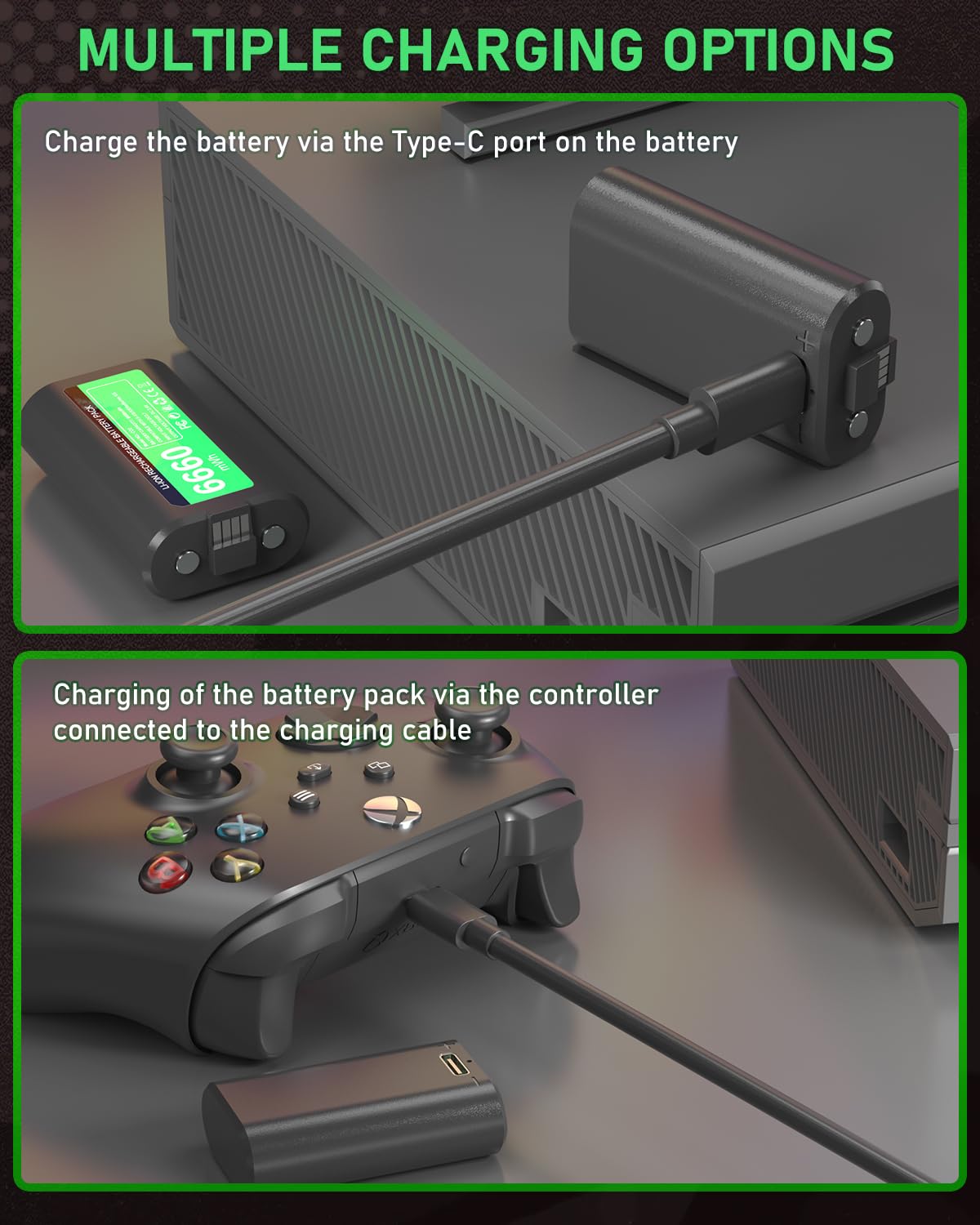 GKHERD - Batteria ricaricabile per driver Xbox One/Xbox Series X|S, 2 x 6660 mWh con cavo di ricarica di tipo C per driver Xbox One/S/X/Elite