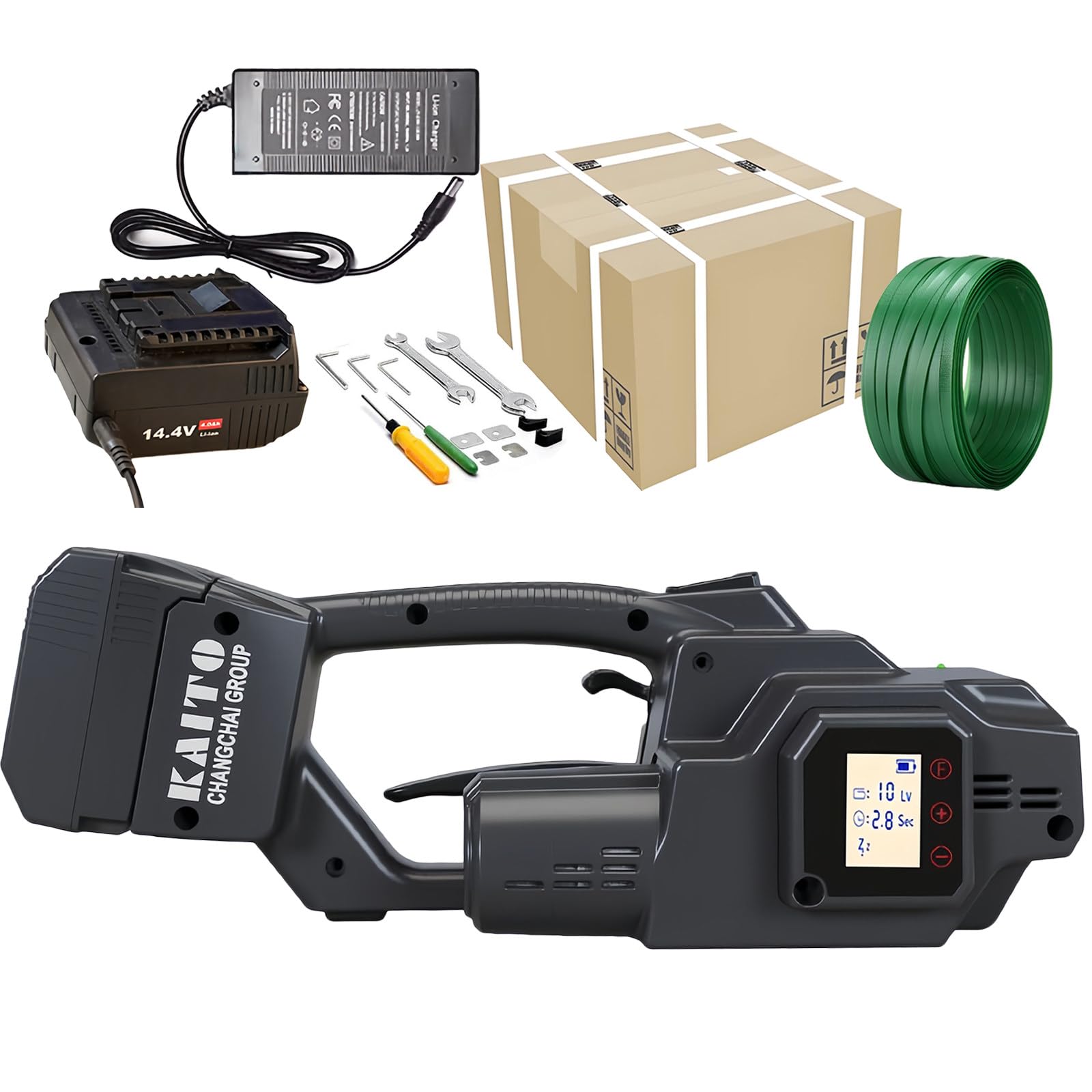 YXYLJOZ 3800N Electric Strapping Machine with 4000mAh Battery, Automatic Digital Tensioner for 7-19mm PP/PET Strapping, Portable Baler for Boxes & Pallets (1 Battery)