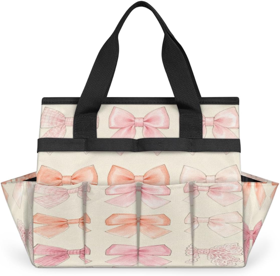 Pink bow pattern Garden Tool Bag, Heavy Duty Gardening Tote Bag with 10 Pockets,Standable Garden Home Tool Kits Organizer,Gardening bag for women Men Indoor and Outdoor Gardening.