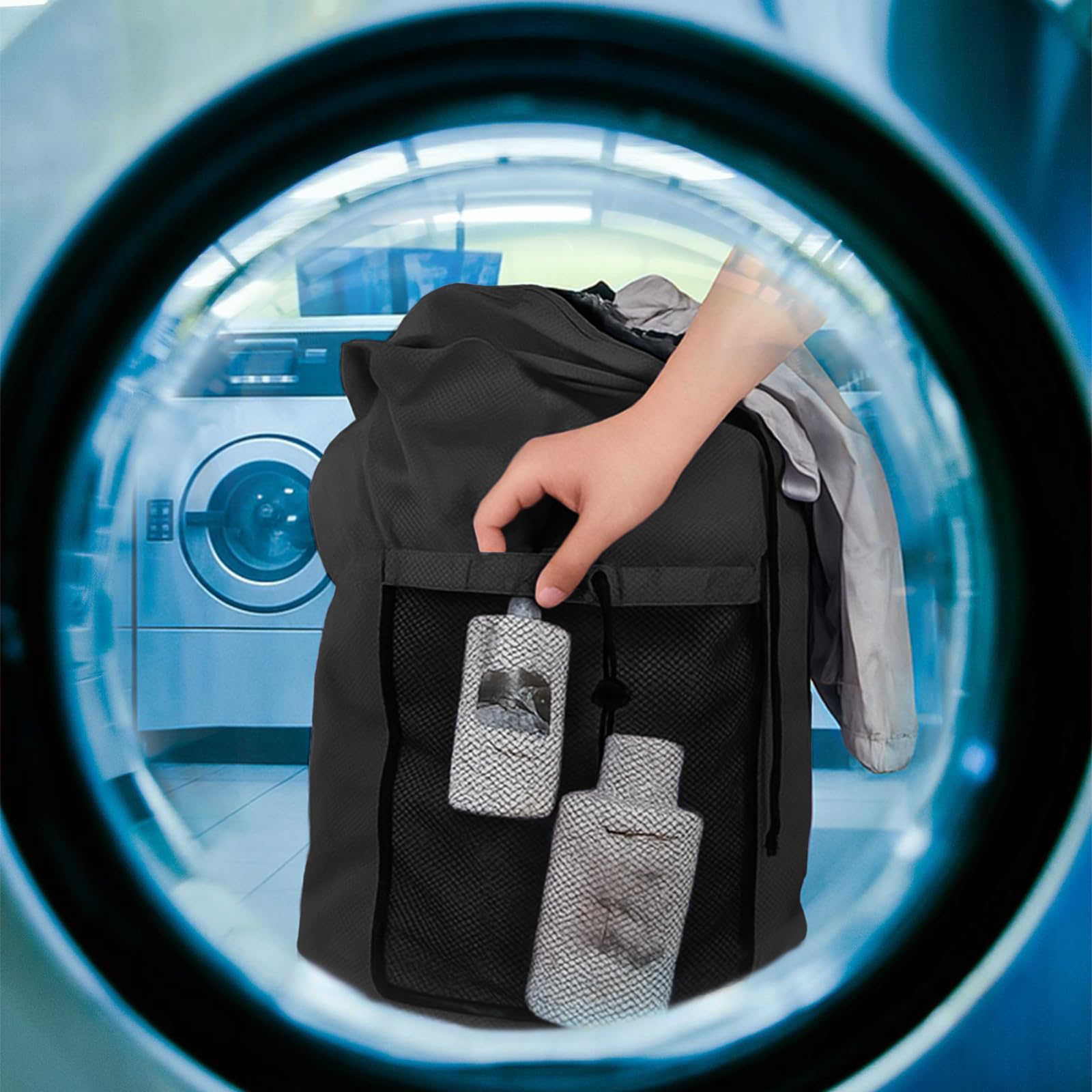 Grand sac à linge de voyage avec bretelles en polyester durable pour le collège, noir, Large, Sac à linge