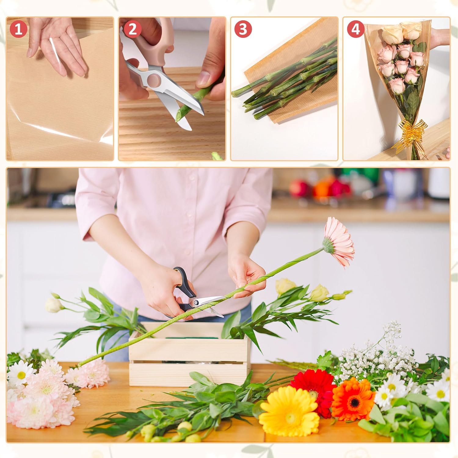 Majreey Kit de papier cadeau floral, 40 sacs d'emballage kraft, 3 rouleaux de ruban pour bouquet de fleurs, 2 rouleaux de ruban adhésif, 100 épingles à fleurs, 48 papillons 3D, 9 couronnes pour