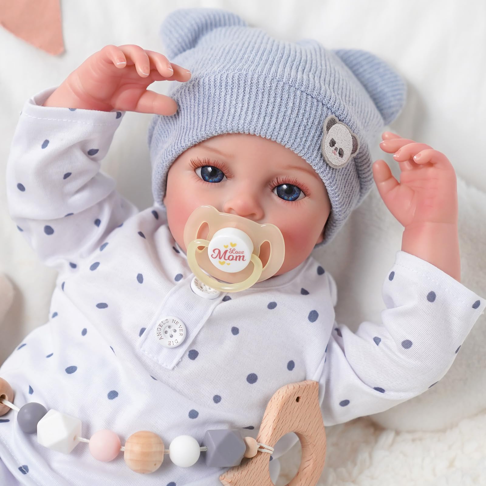 BABESIDE Bambole Reborn - 17 Pollici Bambola Realistica per Bambina - Occhi Azzurri - Corpo in Tessuto - Bambolotto Maschio Neonato con Vestiti e Accessori, Adatto a Bambine dai 3 Anni+