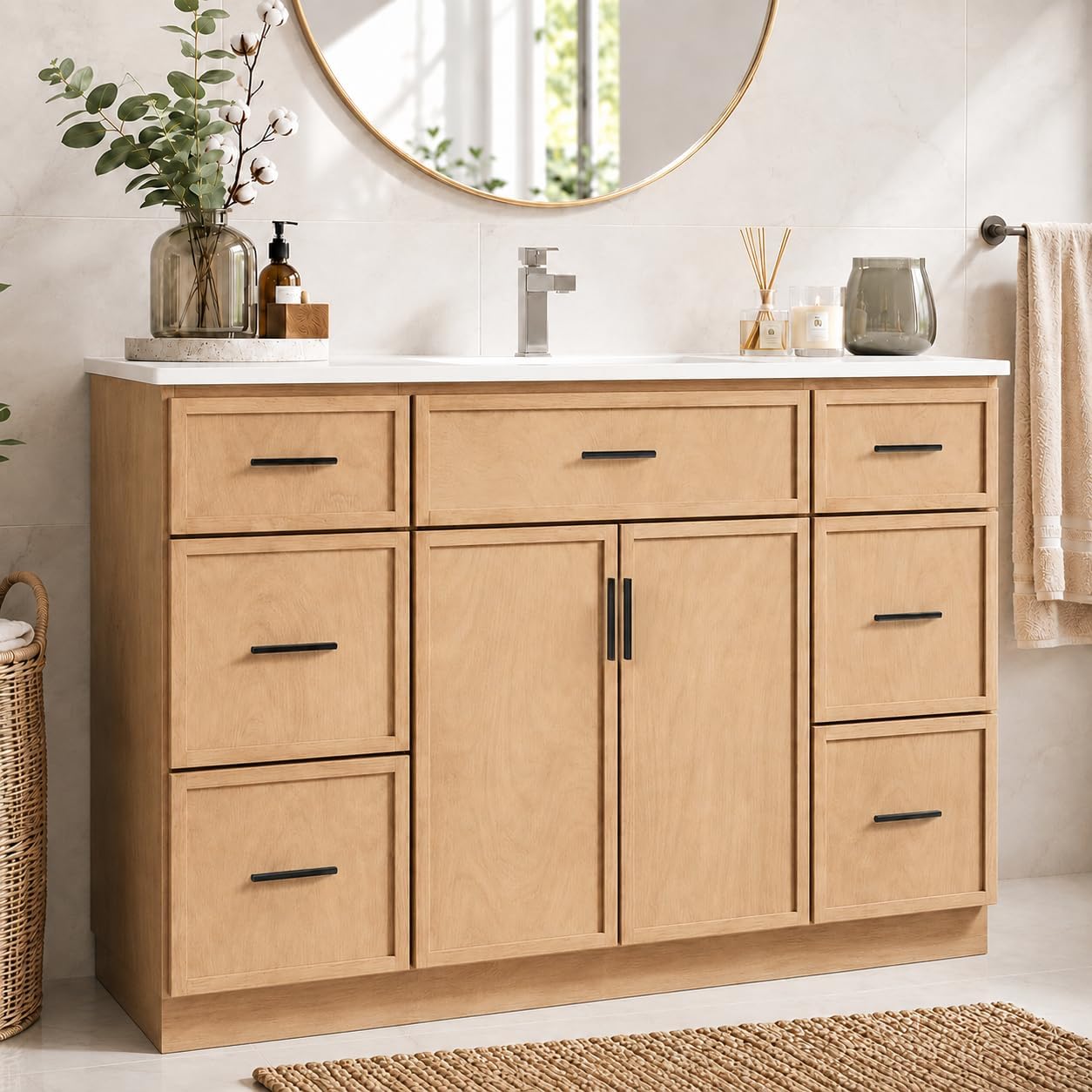 48 Inch Bathroom Vanity with Ceramic Sink and 6 Drawers & Soft-Close Doors, Hickened Panels & Reinforced Wooden Frame, Modern Freestanding Bathroom Cabinet (Natural Wood)