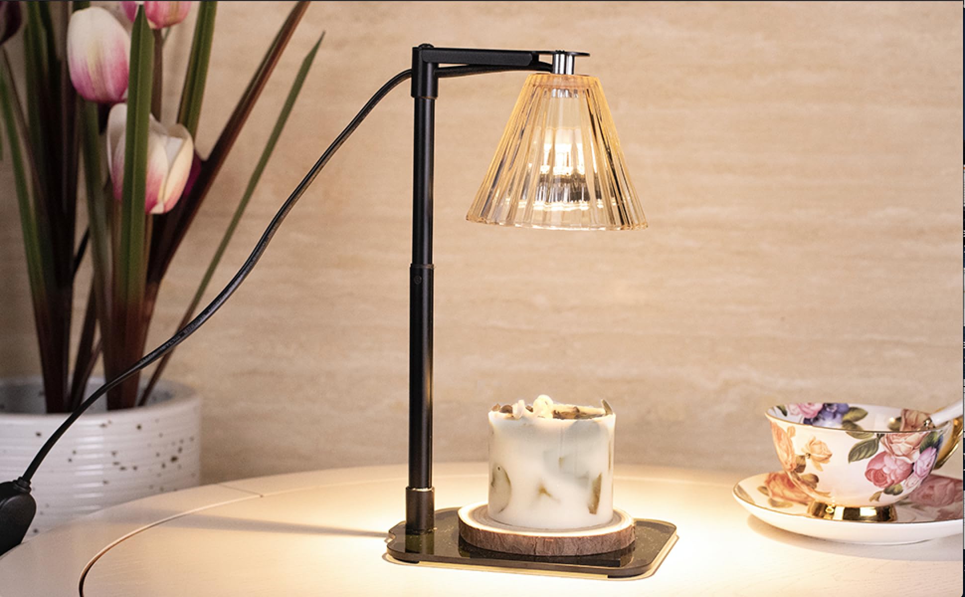 Candle Warmer Lamp with Timer - Electric Candle Heater with Adjustable Height, Modern Sleek Design with Glass Plate, and Dimmable Wax Warmer Bulbs, for Home Decoration