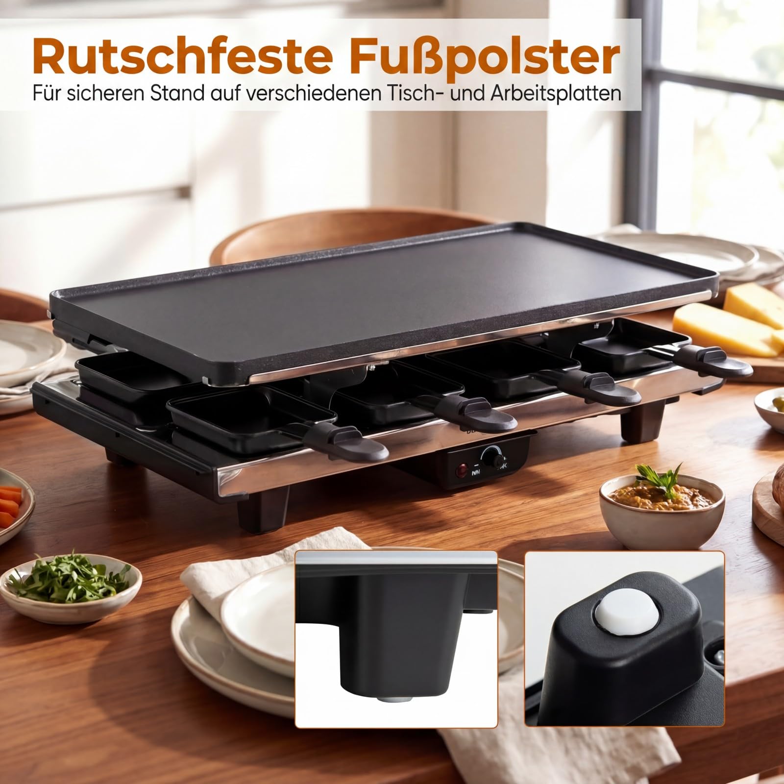 COSTWAY Grill raclette dla 8 osób, elektryczny grill z dwustronną nieprzywierającą płytą grillową 2 w 1 i regulowaną regulacją temperatury, w zestawie 8 patelni, 8 drewnianych szpatułek i szczypcami