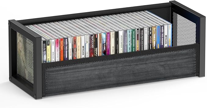 CD Storage Box Case Rack Fits 40 CDs Small Space Black, 1 PCS | Sturdy metal construction, Black classic wood-grain front, Dual magnets on front flap, Non-slip pad, for Tower and Cabinet