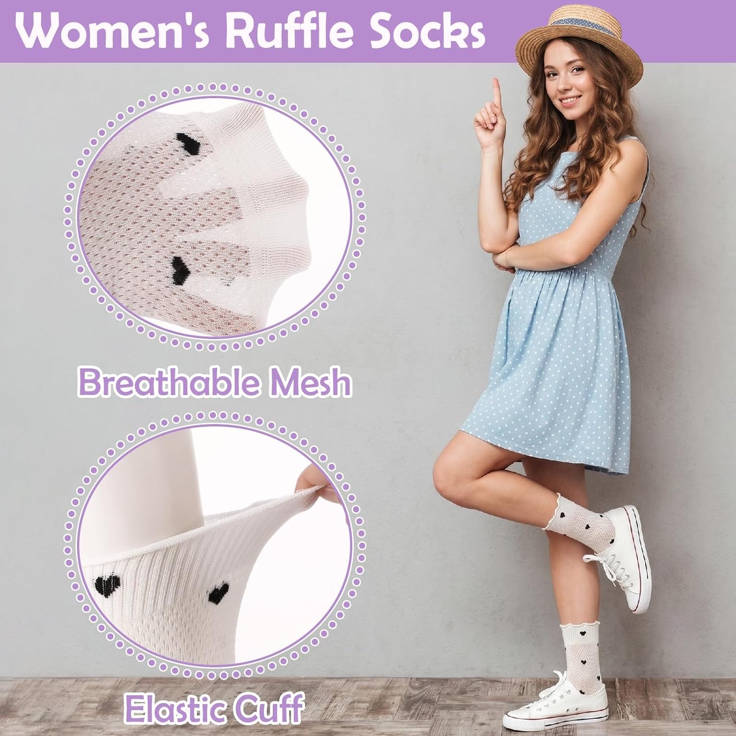 Womens Ruffle Socks Summer Cotton Crew Socks | Lightweight Breathable Soft Princess Casual Socks With Checkered Bow Polka Dot Striped Design Available For Daily Wear