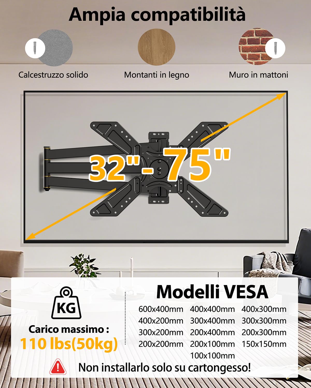 Supporto TV Parete Braccio Extra Lungo 850mm WHYFONE 180° Rotazione Supporto TV Monitor per LCD/LED da 32 a 75 Pollici, Braccio TVs Girevole Inclinazione Estensibile Fino a 50kg Max. VESA 600x400mm