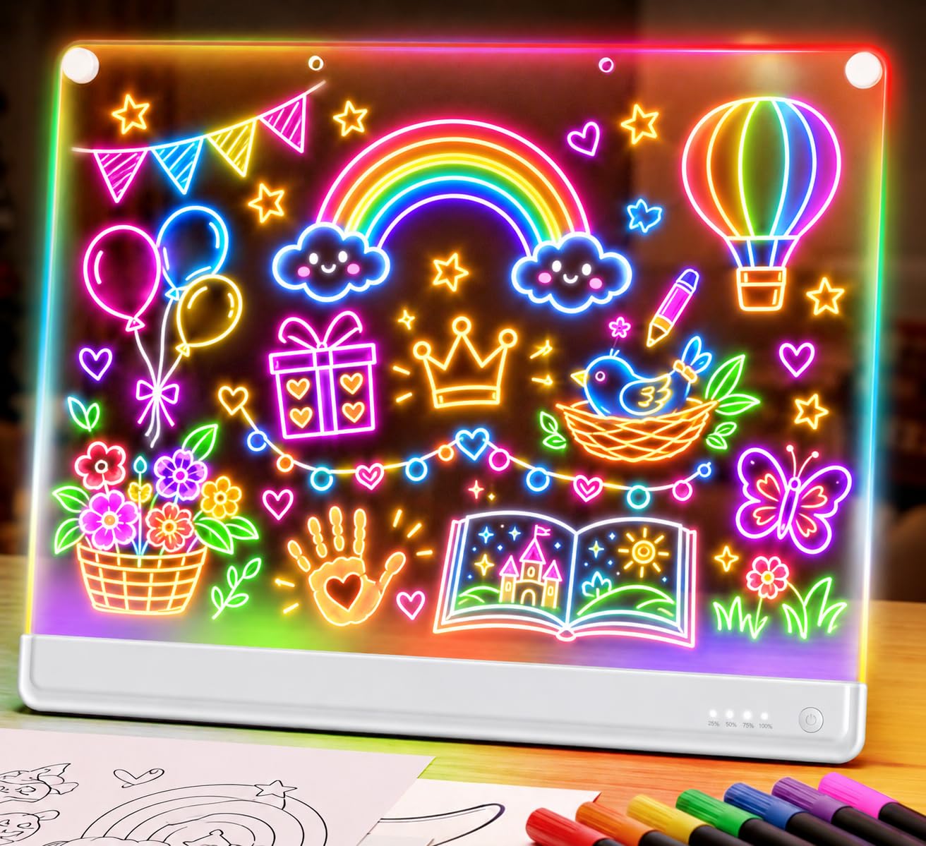 19.7-Inch Rechargeable Doodle Glow LED Note Board,15-Color Light Effects,Neon Light Up Drawing Tablet Up Drawing Pad Dry Erase with Built-in Stand,Gift Toy for Kids/Girls/Teens,7 Markers Tracing Book
