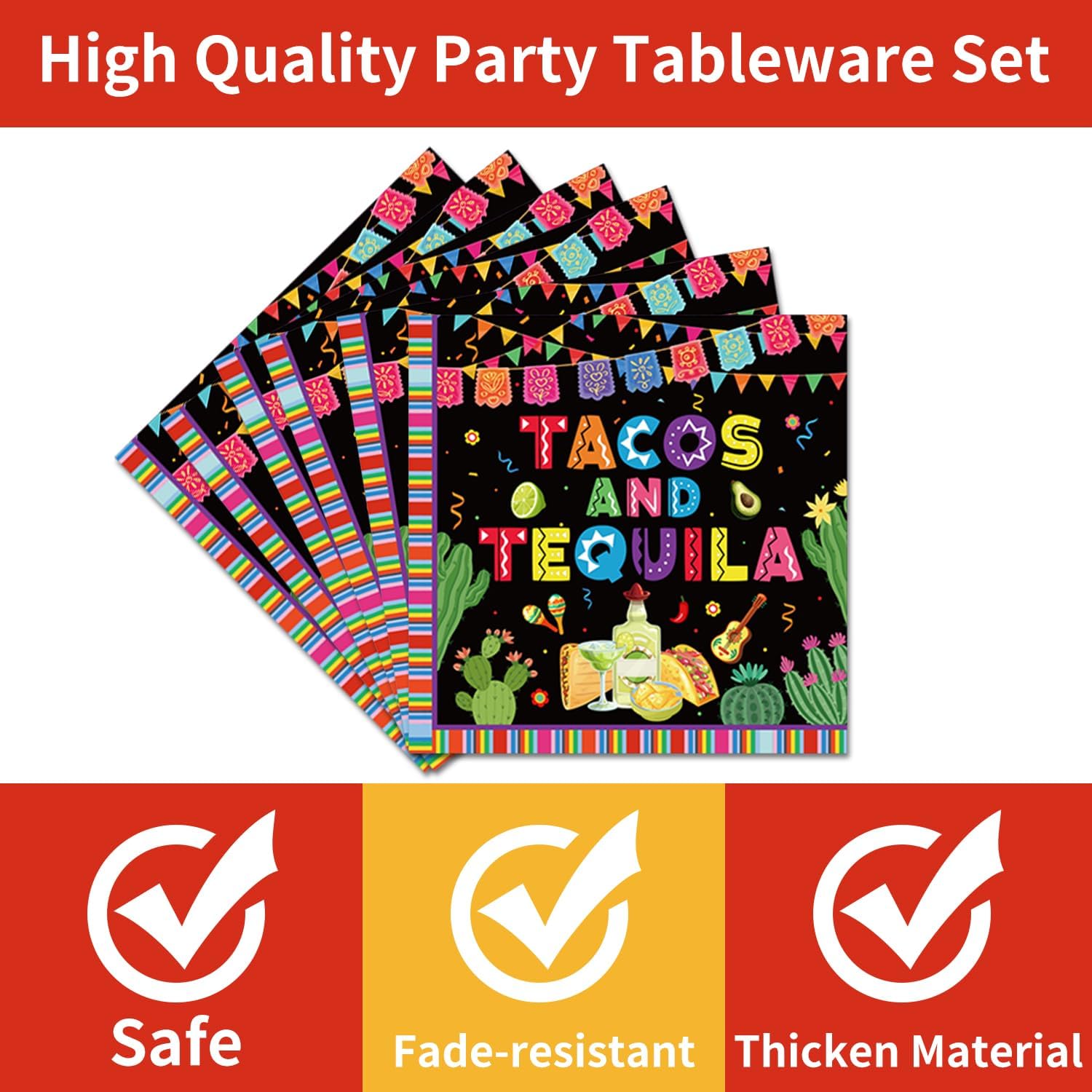 96 Pcs Tacos and Tequila Party Tableware Set –Mexican Fiesta Plates Napkins Forks Taco Party Colorful Stripe Disposable Dinnerware Serves 24 for Birthday Favor Supplies