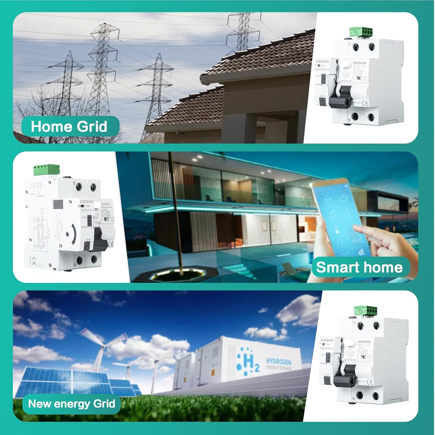 Examples of applications for DEWIN DEWD9L-R RCCB including Home Grid, Smart Home, and New Energy Grid