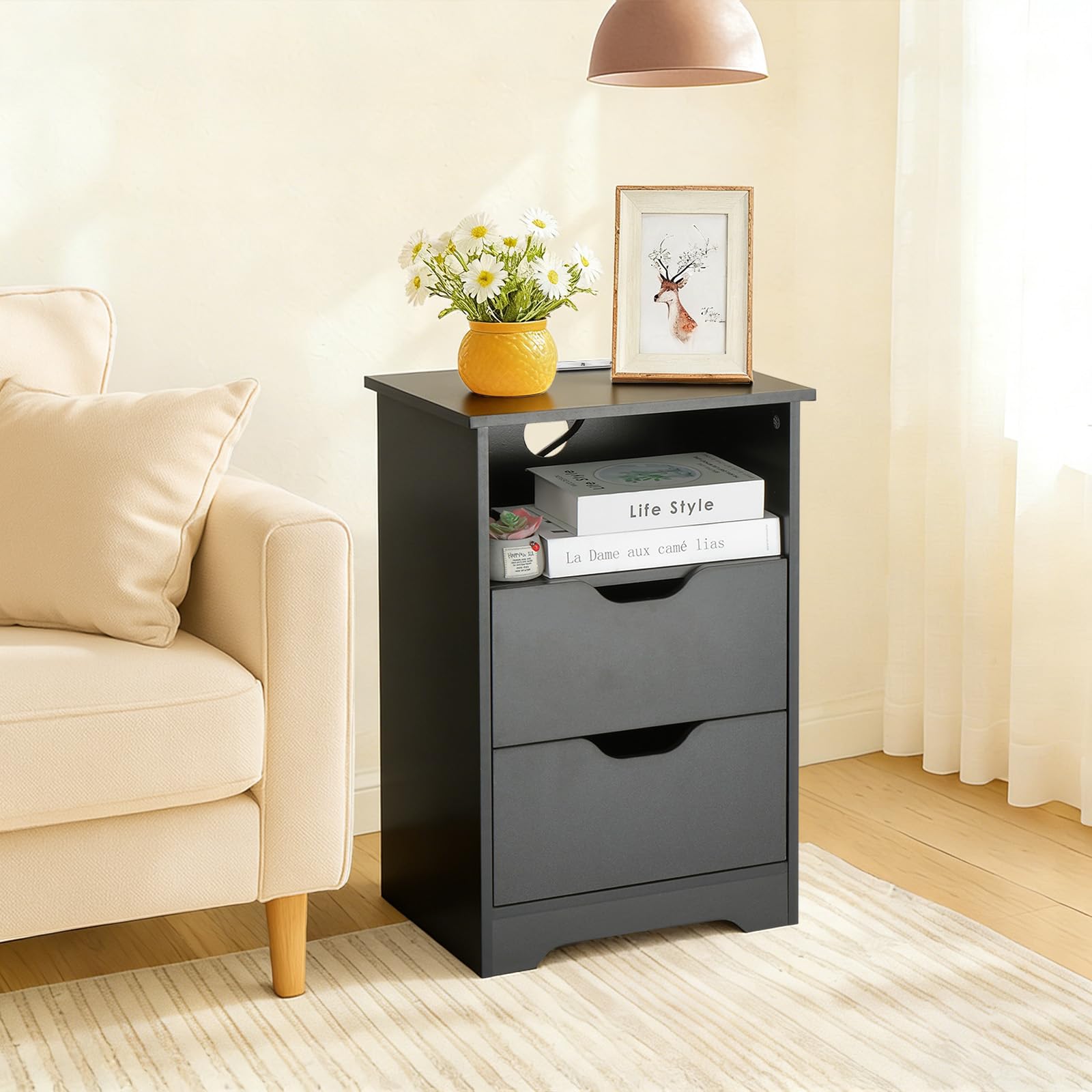 LEADZM Nachttisch 2er Set Nachttische mit Ladestation, 40x30x60cm Schwarz