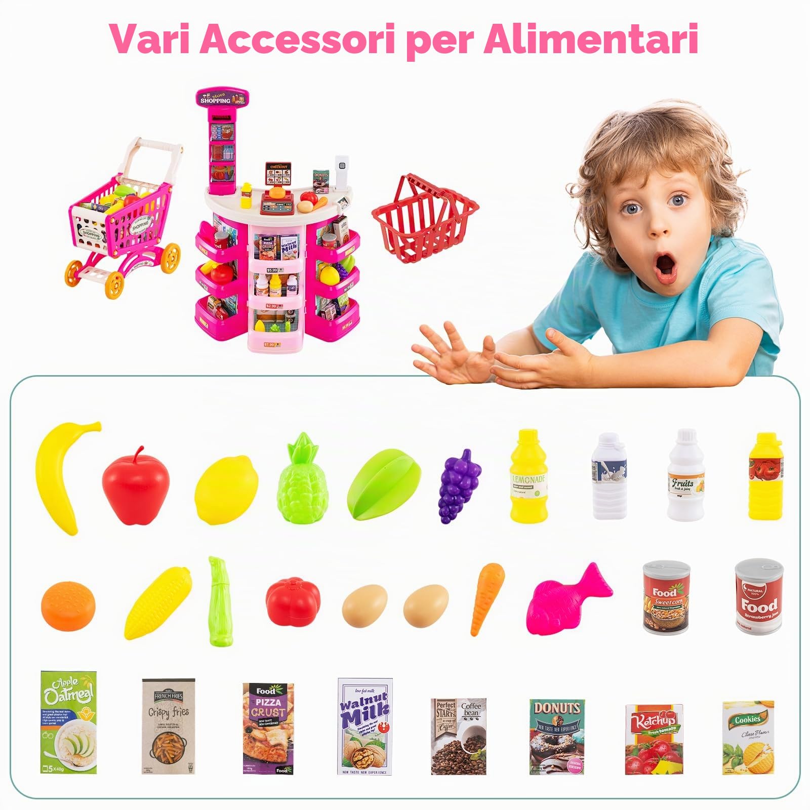 HOMASIS Supermercato Giocattolo per Bambini con Carrello della Spesa e 29 Accessori, Negozio di Alimentari con Luci e Suoni, Cassa, Bilancia e Scanner, Banco per Bambini dai 3+ Anni (Rosa)