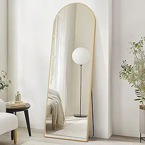 DUMOS Arched Full Length Mirror with Stand 71"x26" Floor Standing Aluminum Frame for Bedroom Body Hanging Leaning Modern Simple Home Decor Shatter-proorf Nano Glass Wall Living Room Cloakroom Gold