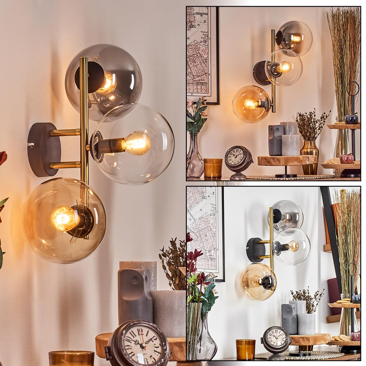 HOFSTEIN Wandleuchte Gastor, Wandlampe aus Metall/Glas in Schwarz/Gold/Rauch/Bernstein/Klar, Leuchte im Retro/Vintage-Design (Schirme Ø 15 cm), E14, Wohnzimmer, Schlafzimmer, Küche, Flur, Treppenhaus