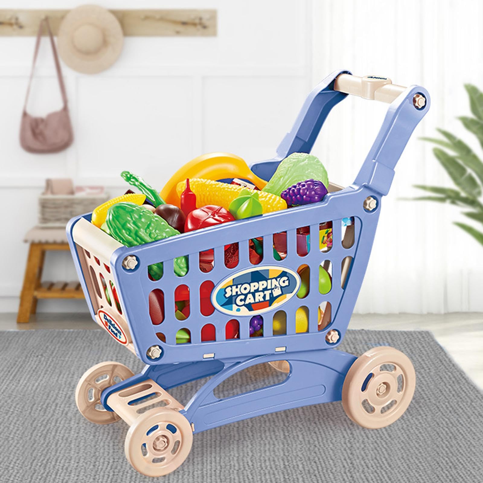 Set di Gioco con Carrello, Carrello della Spesa Giocattolo, Grande capacità con Accessori Alimentari, Mano da Supermercato Giocattolo per a, Blu