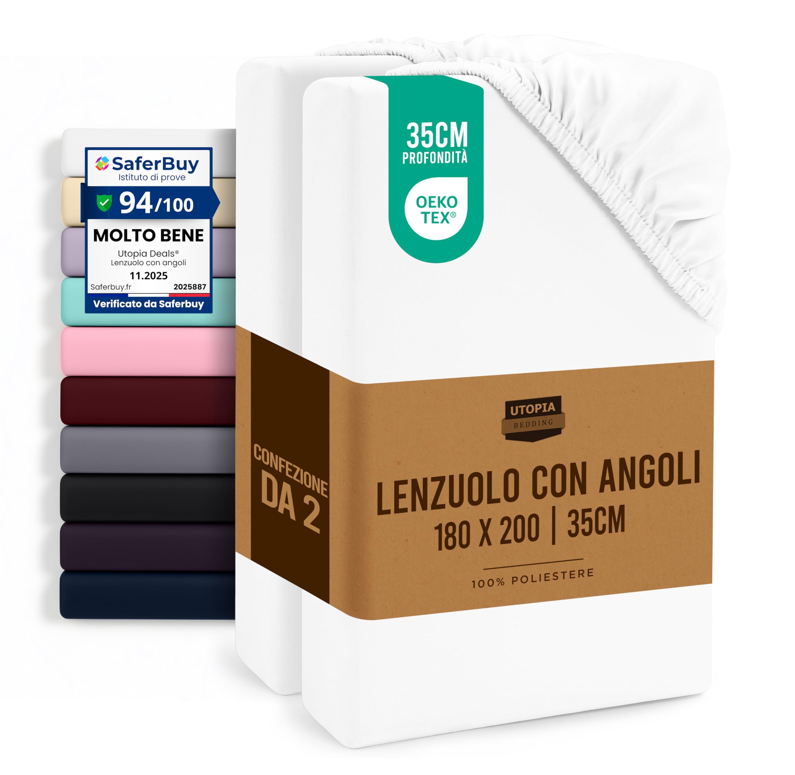 Utopia Bedding Set di 2 Lenzuolo con Angoli Due Piazze Matrimoniale - 180x200cm - Bianco - Microfibra Spazzolata - Lenzuolo sotto con Angoli Elasticizzato