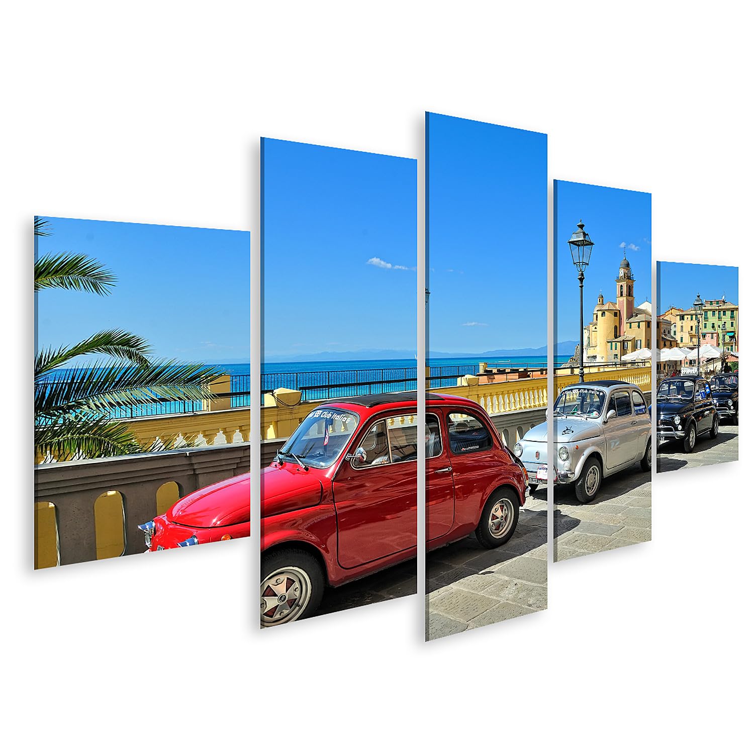 islandburner Quadro su tela colorato auto d'epoca su una soleggiata passeggiata costiera con cielo blu, 170 x 80 cm