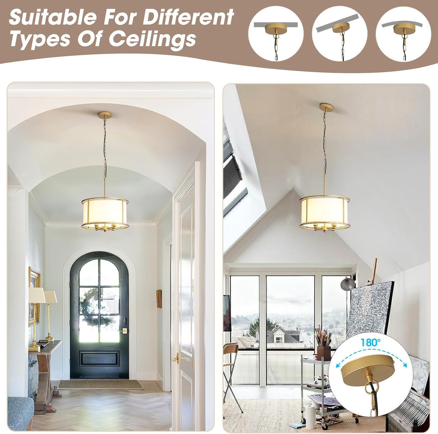 Drum Fabric Chandelier for Dining Room, 4 Light Gold Pendant Light for Living Room, Large Modern Farmhouse Lighting Fixture, White Shade with Gold Frame, E12 Base Socket, W15xH9