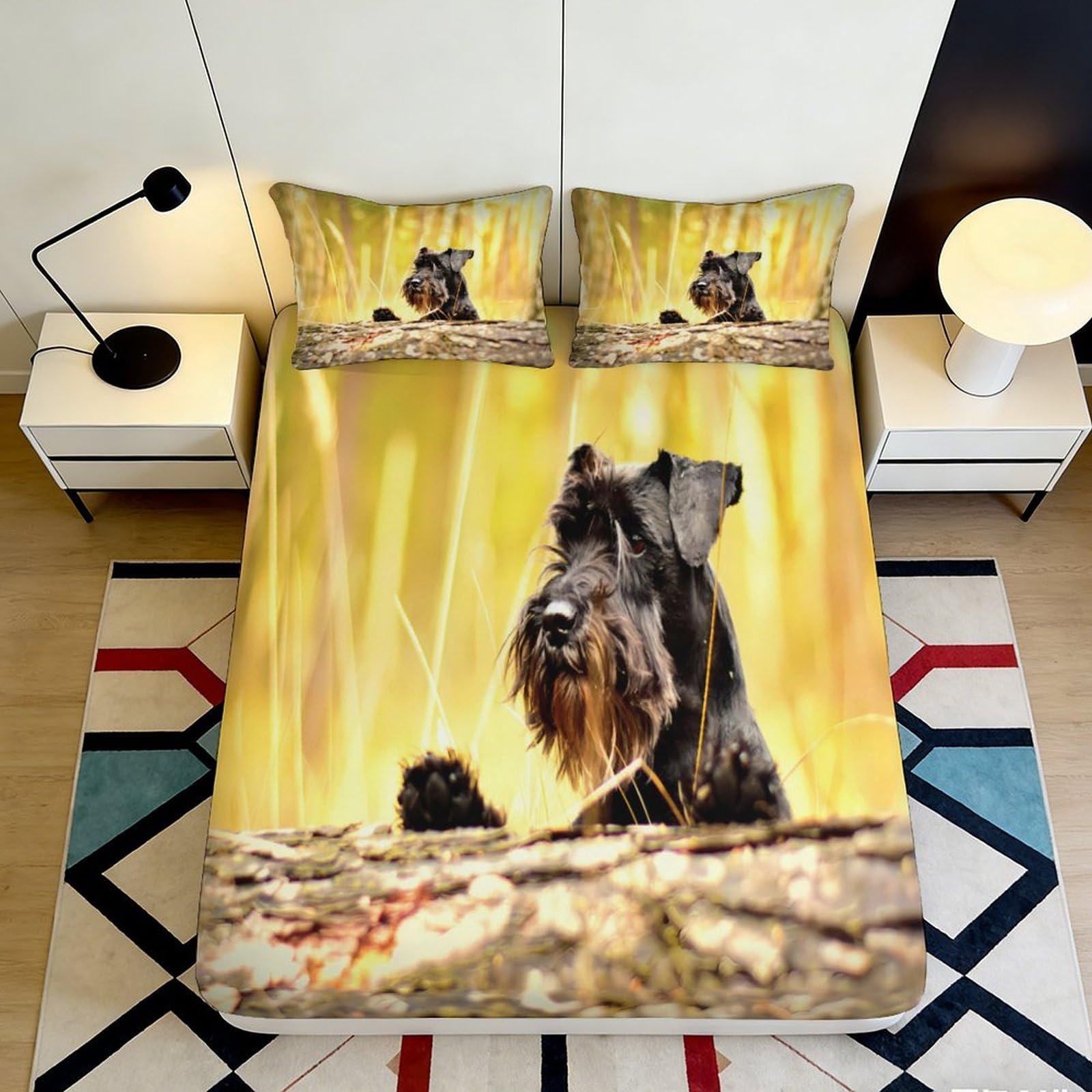 3D Printed Black Schnauzer Fitted Sheet Microfiber Soft Washable Dog Pattern Mattress Cover for Bedroom Guest Room 90x200x25cm