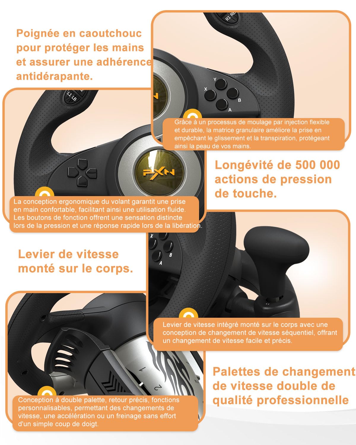 PXN V3 Pro Volant de Jeu avec Pédales - 180°, Retour de Vibration, Levier de Vitesse Intégré, Palettes de Changement de Vitesse - Volant pour PC, PS4, PS3, Xbox et N Switch - Noir