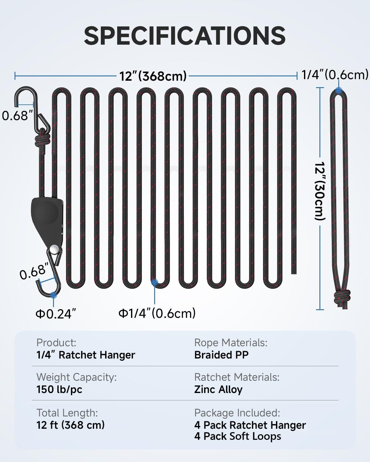 Fondwell 1/4" Tie Downs Ratchet Straps: 4-Pack Rope Hangers with Protective Soft Loops - Secure Tie Down Ratcheting for Transport - Image 7