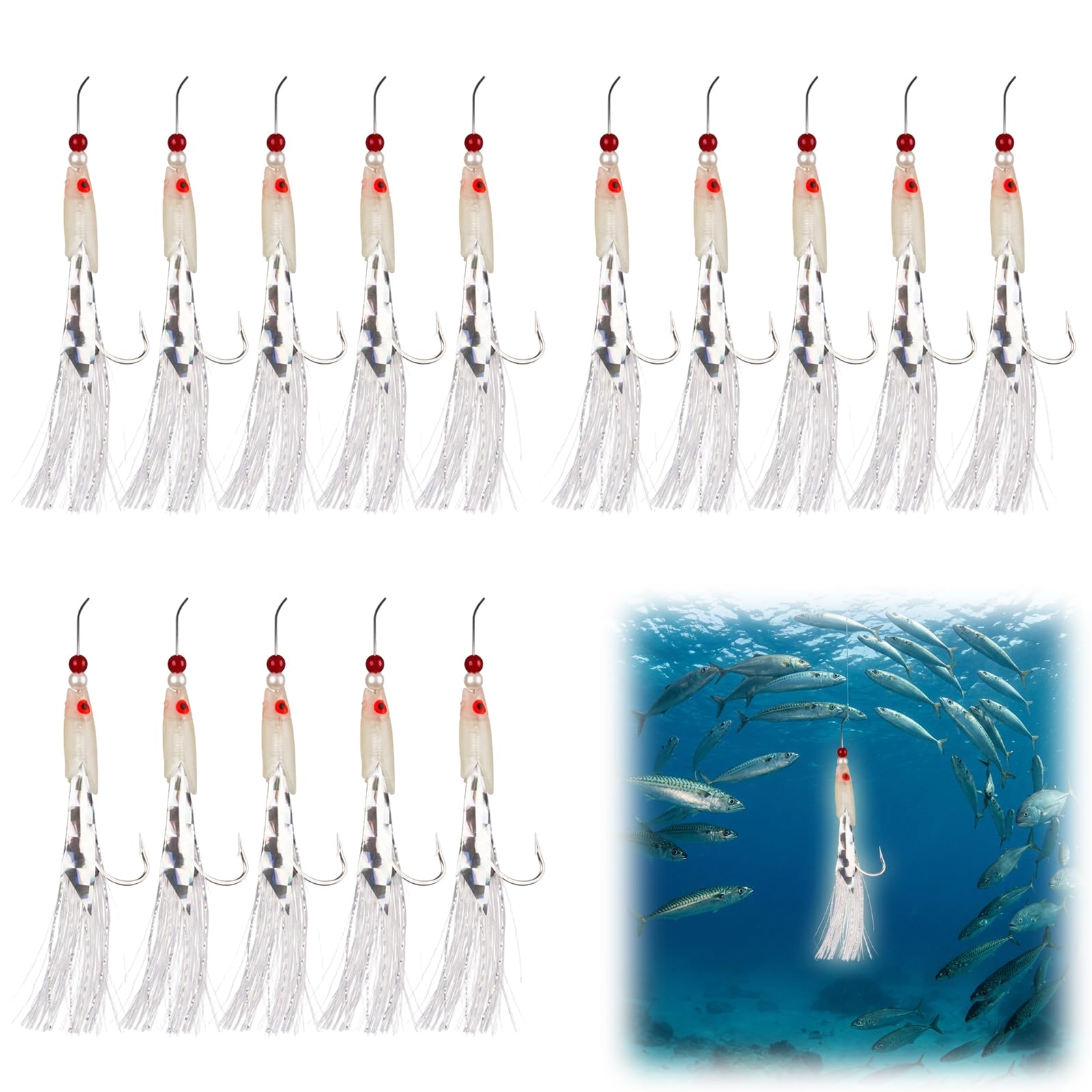 15PCS Mackerel Feathers with Multiple Hooks, Durable Line Mackerel Lures, Deep Sea Night Equipment Fishing Lures with Luminous Design Ideal for Beach