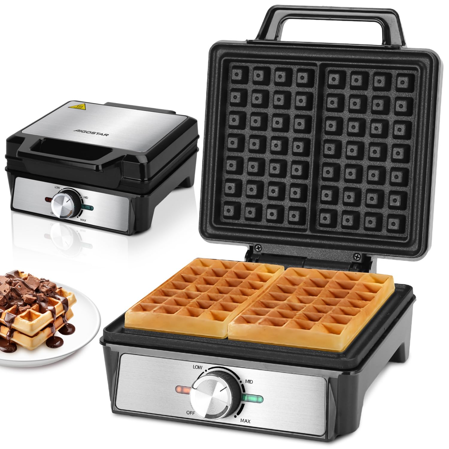AigostarWaffle Maker with Deep Fill Anti Spill Plates, 1600W Fast Cooking Waffle Iron with Adjustable Temperature Control, Non-Stick Coating, Cool Touch Handle, Belgian & American Waffles - Savory