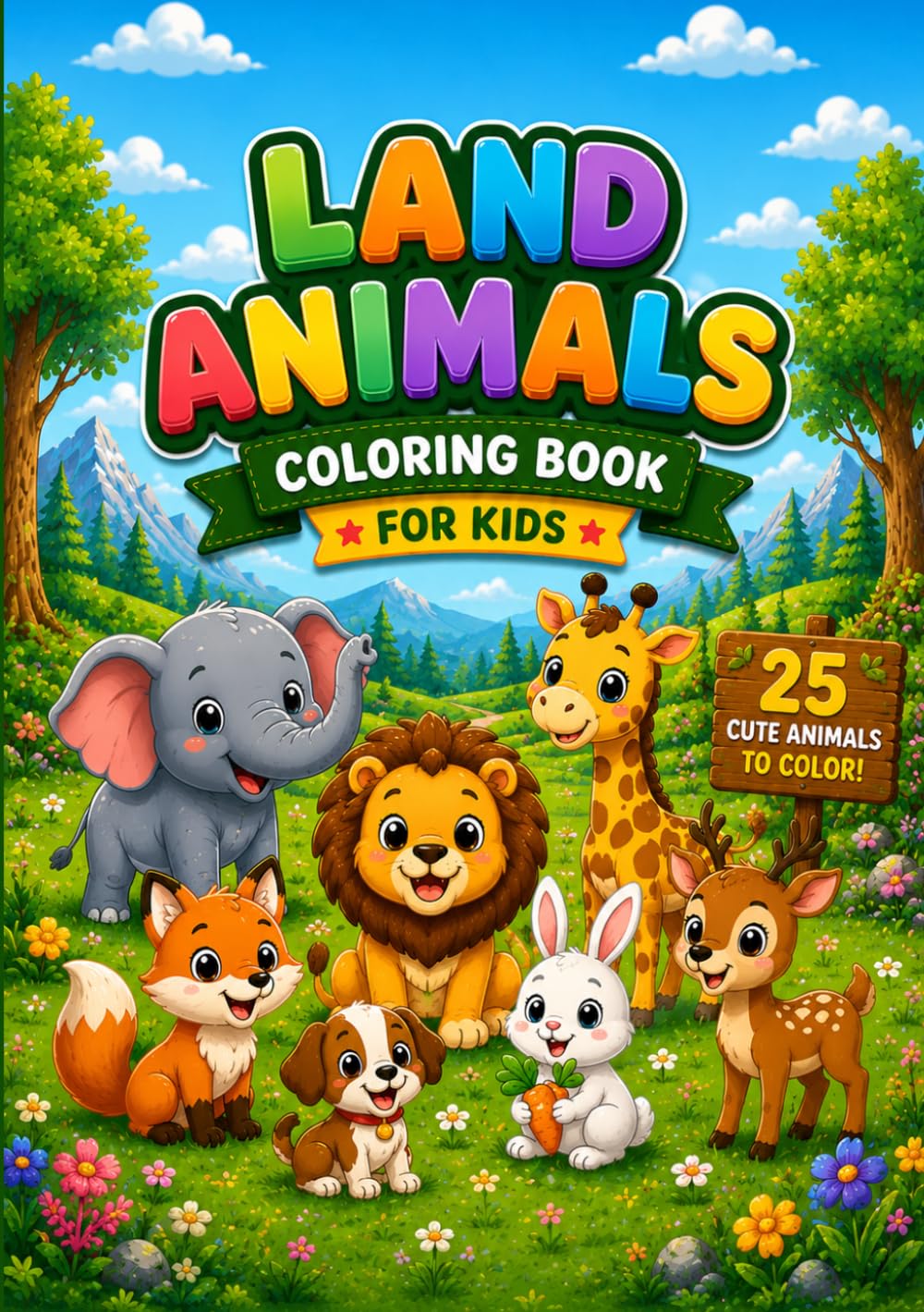 Land Animals Coloring Book for Kids: 25 Cute Animals to Color and Learn