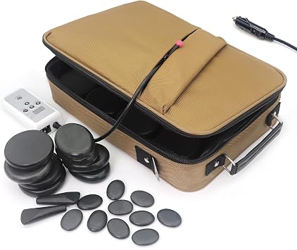 Portable Massage Stone Warmer Set, 20 Pcs Basalt Hot Stones with Heater Kit, Electric Hot Stones Warmer Massager for Professional/Home Spa, Digital Controller Heating Travel Bag Brown