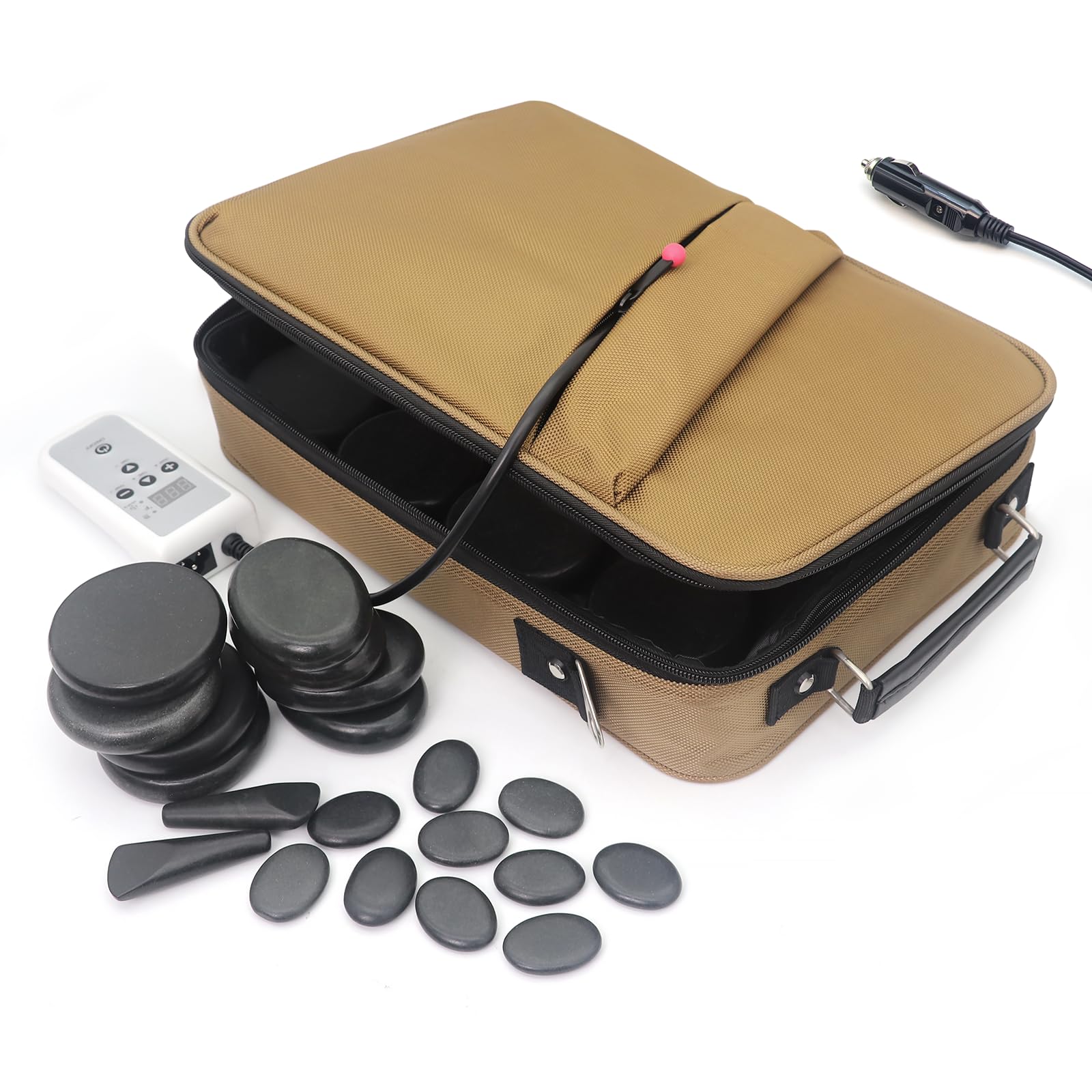 Tragbares Massagestein-Wärmer-Set, Temperaturkontrolle, Heizungsmassagegerät, Reisetasche mit Auto-Adapter für professionelles/Heim-Spa (braun)