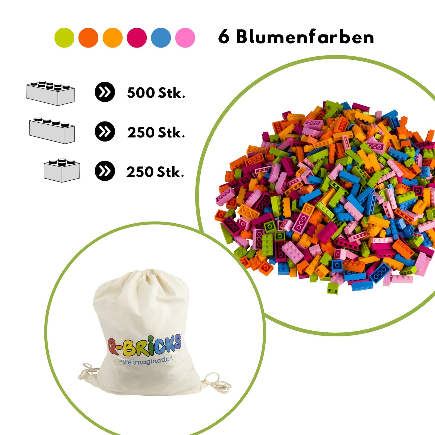 Kreativ-Bauset mit klassischen Bausteinen – 1000 Teile – 2,2 kg | 3 Formen: 1x4, 2x2, 2x4 | 6 Farben | Kompatibel mit großen Baukasten-Marken | Hergestellt in der EU (Floralmischung)