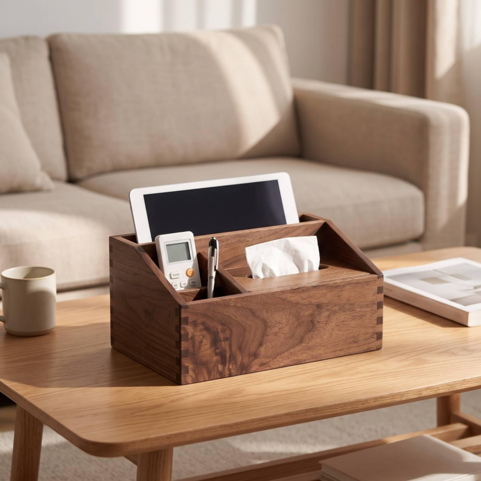 Baoblaze Portatovaglioli Multipuso Porta Fazzoletti Scatola Organizer Contenitore Portapenne in Legno con Sezioni Laterali per Penne Utensili E Telecomandi per Tavolo Salotto, Nero Noce Americano