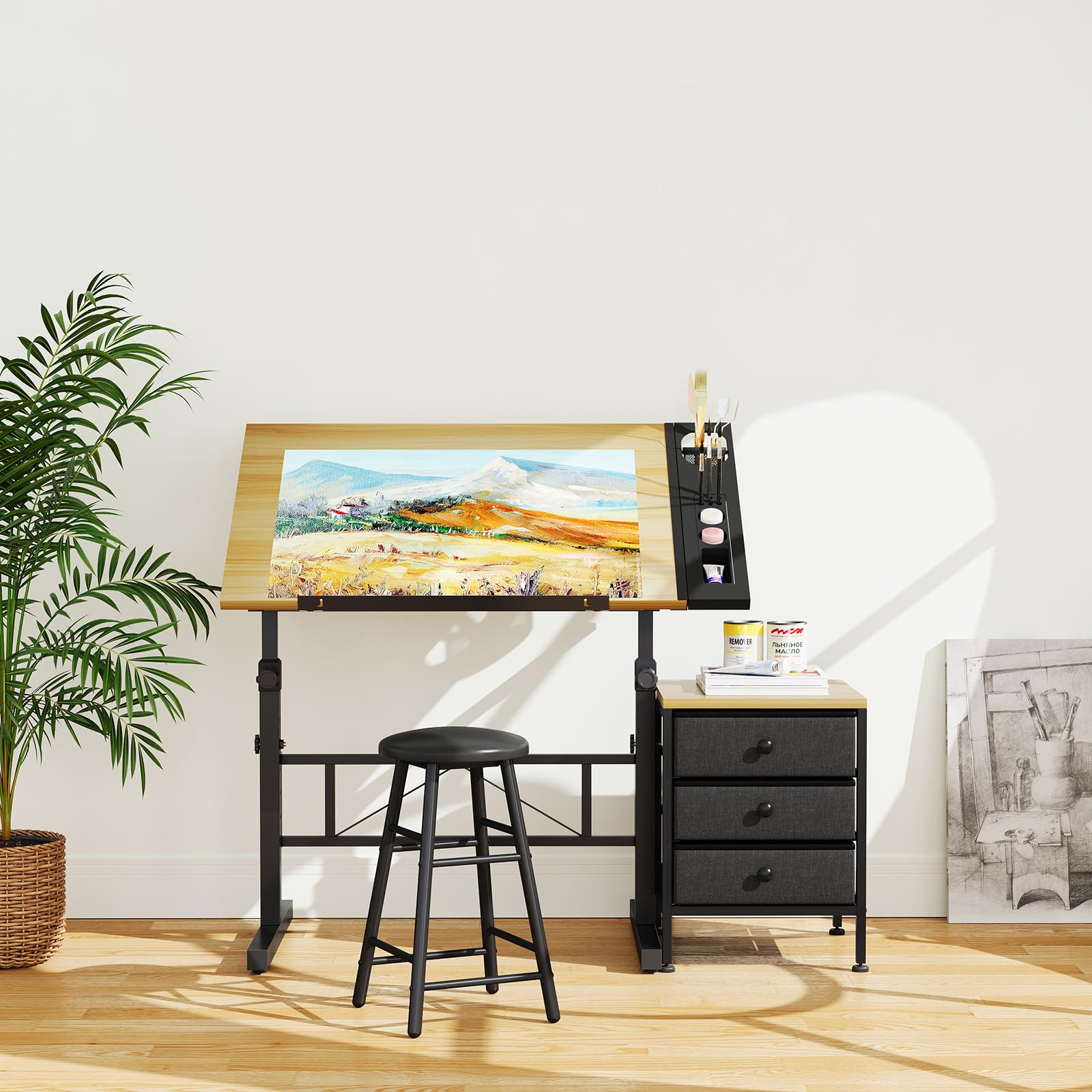 Dripex Mesa de Dibujo Profesional con Tablero Inclinable Altura Ajustable, Artista de Pintura Arquitecto Estudio Dibujo Escritorio para Computadora con Taburete y Taquillas, Color Madera