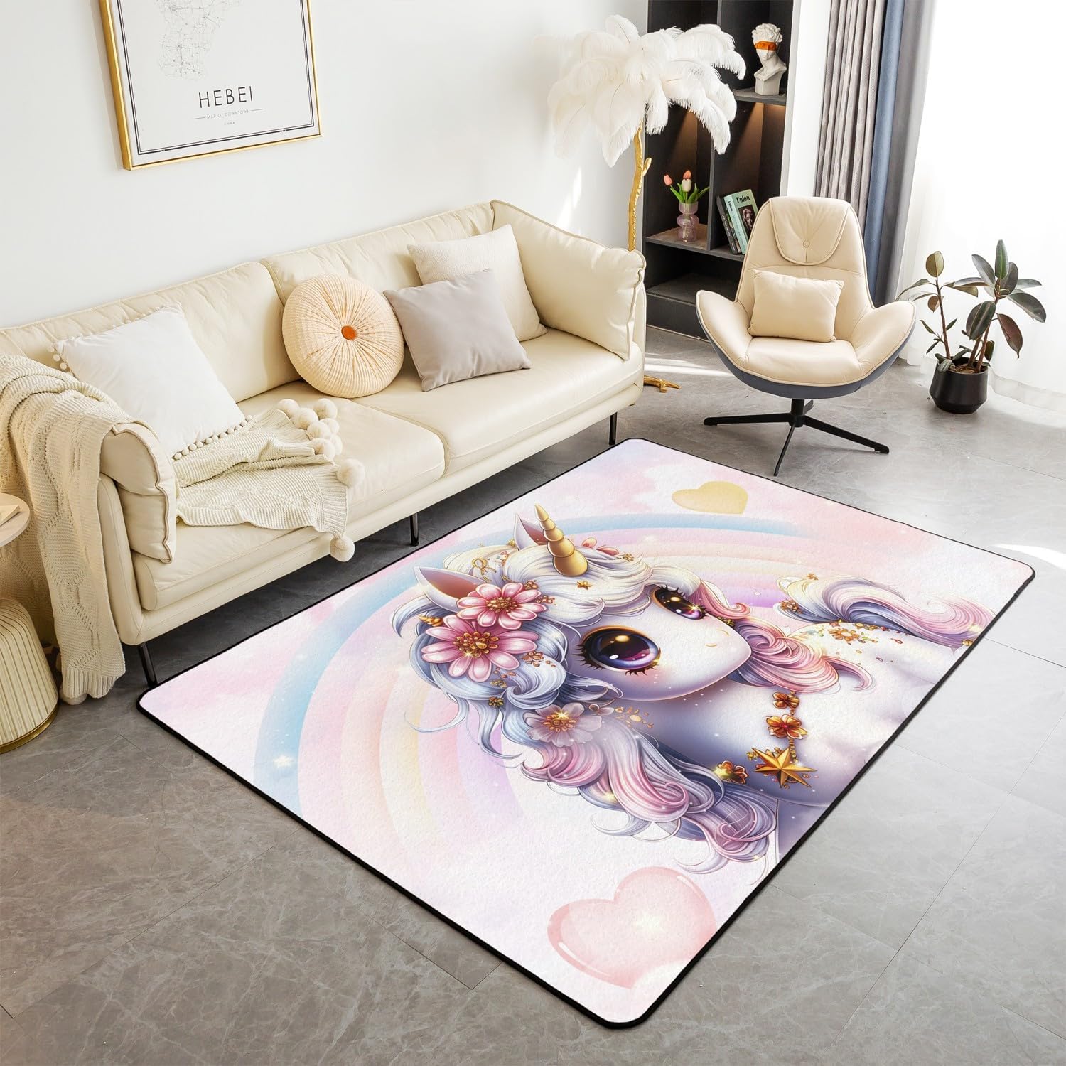 Erosebridal Pink Rainbow Unicorn Area Rug 5x7, Kawaii Cartoon Horse Indoor Floor Mat, Glitter Stars Non Slip Living Room Rugs，Girls Princess Chic Decorative Accent Rug for Dining Room Under Table