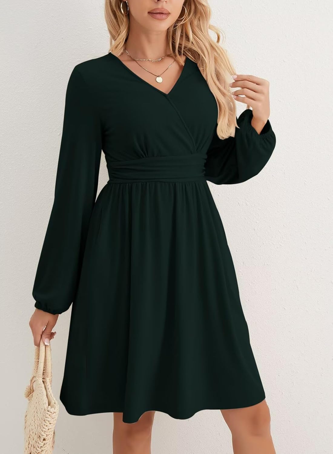 Womens Dresses 2026 Spring Summer Wrap V-Neck Long Sleeve Empire Waist Mini Dress - Image 4