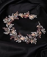 Vista 5 de Denifery Diadema de boda de cristal de vid de pelo rojo, pieza de pelo bohemio para novia con hoja dorada para mujeres y niñas
