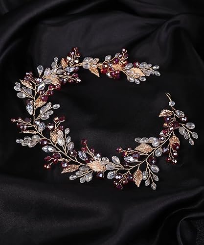 Miniatura 5 de Denifery Diadema de boda de cristal de vid de pelo rojo, pieza de pelo bohemio para novia con hoja dorada para mujeres y niñas