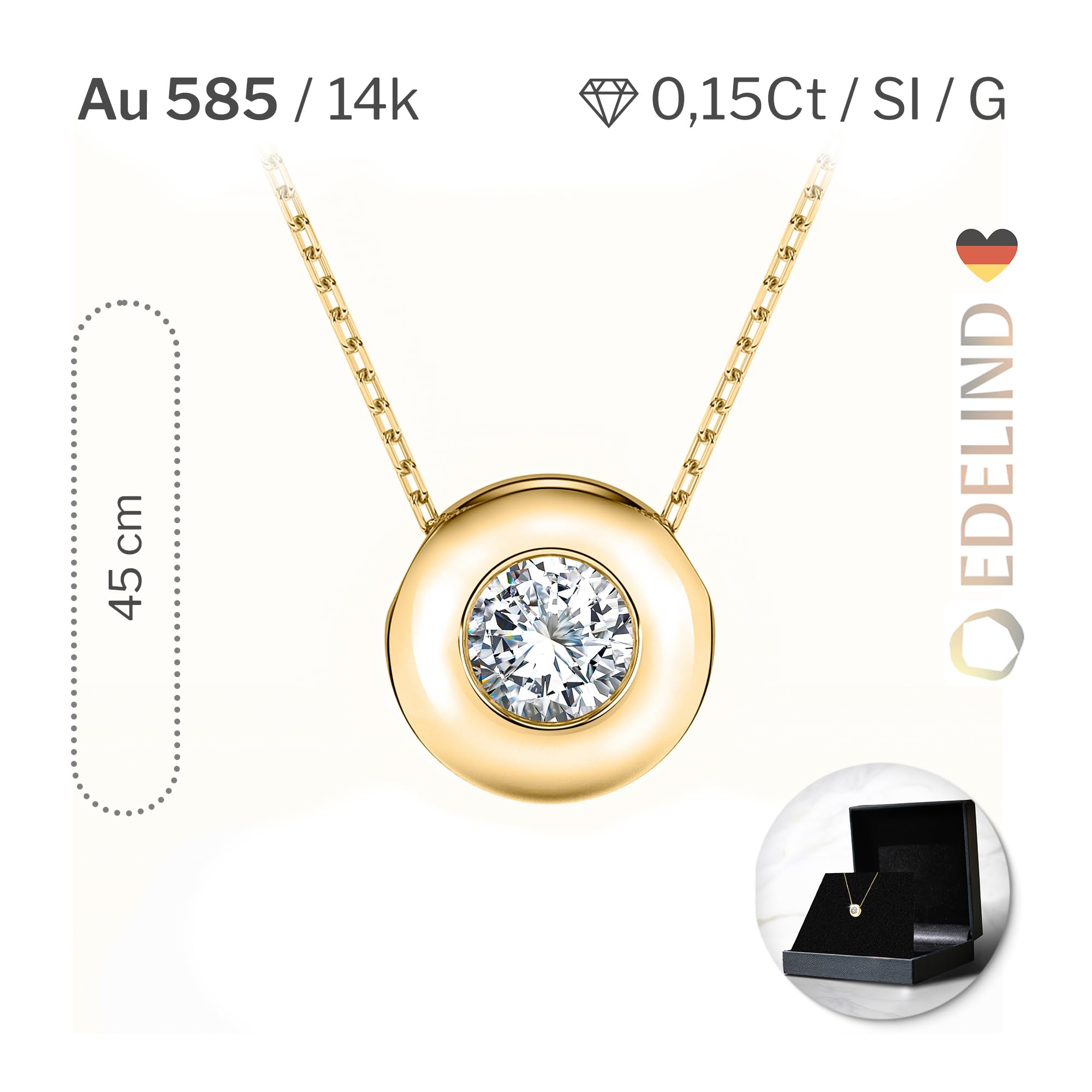 EDELIND Collana Punto Luce Donna con Diamante 0.15 ct in Oro 14k - Ciondolo Design a Disco - Catenina Forzatina, Lunghezza Regolabile