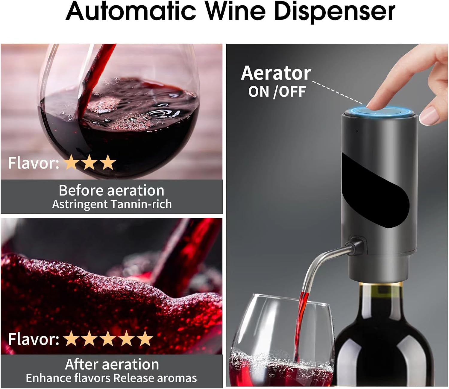 3 in 1 Electric wine decanter with aerator,One Health Red and White Wine Accessories, Stainless Steel Connecting Tube, USB Rechargeable Liquor dispenser, Wine Gift for Wine Lovers